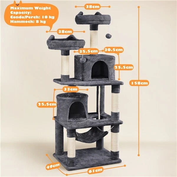 Cat Climbing Tower With Climbing Rope (Large) | 158cm Tall Multi-Level house with hammock