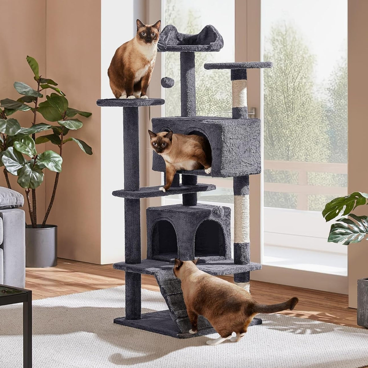 138.5Cm Cat Tree Tower Scratching Posts Multilevel Cat Climbing House with Condos & Ladder Pet Activity Centre for Indoor Kittens, Dark Grey