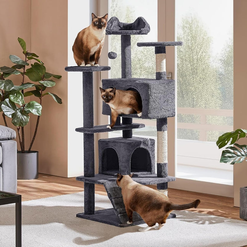 138.5Cm Cat Tree Tower Scratching Posts Multilevel Cat Climbing House with Condos & Ladder Pet Activity Centre for Indoor Kittens, Dark Grey
