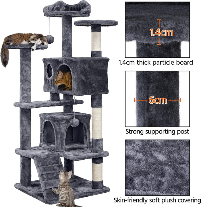 138.5Cm Cat Tree Tower Scratching Posts Multilevel Cat Climbing House with Condos & Ladder Pet Activity Centre for Indoor Kittens, Dark Grey