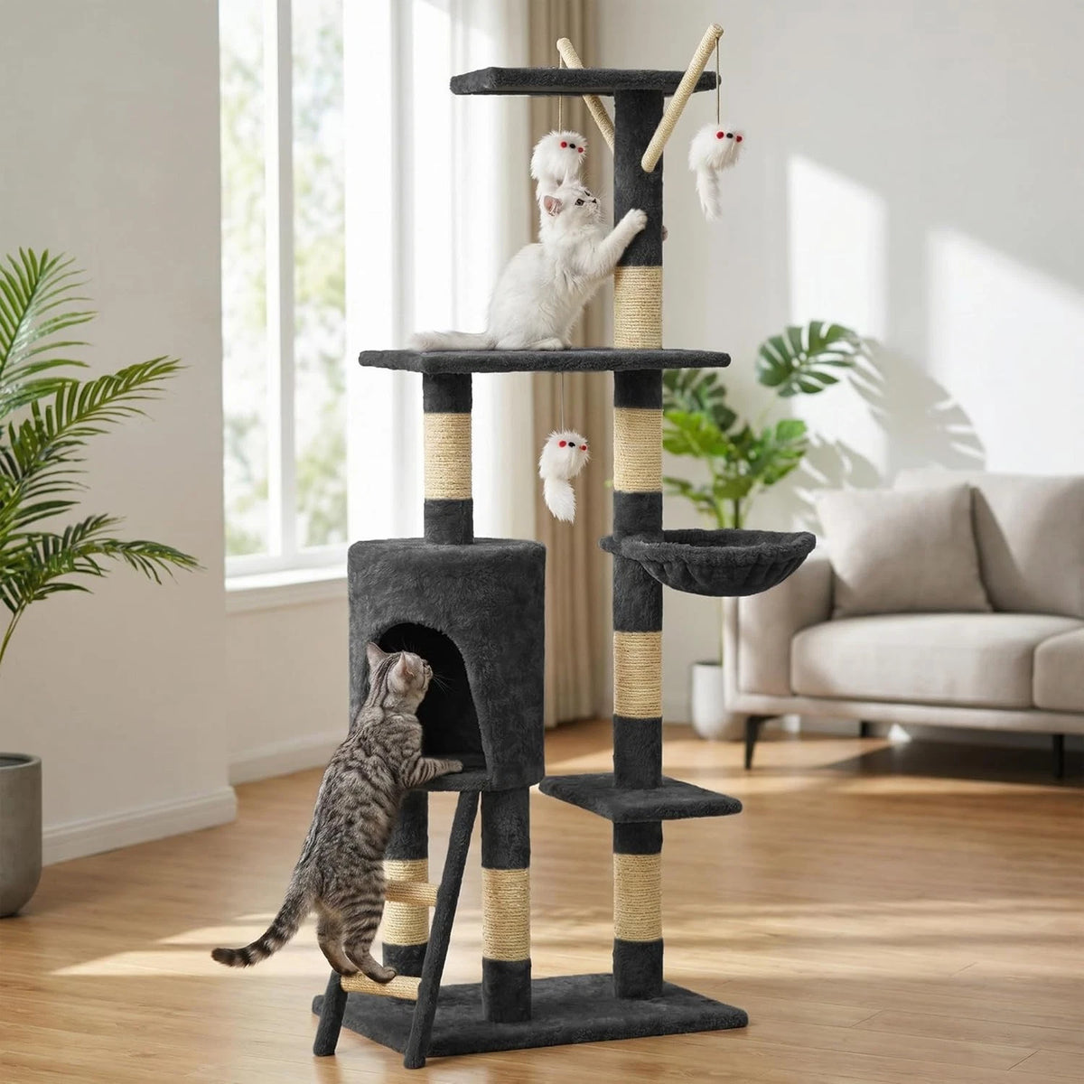 Cat Climbing Tower With Scratching Post (Large) | 145cm Tall Multi-Level with Interactive toy