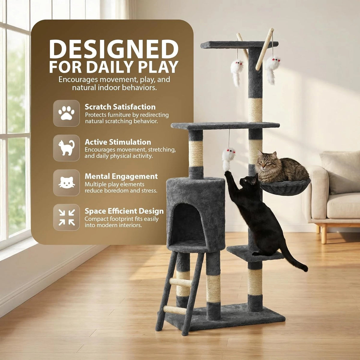 Cat Climbing Tower With Scratching Post (Large) | 145cm Tall Multi-Level with Interactive toy