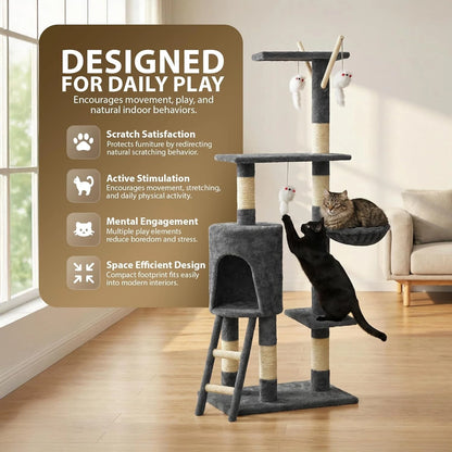 Cat Climbing Tower With Scratching Post (Large) | 145cm Tall Multi-Level with Interactive toy