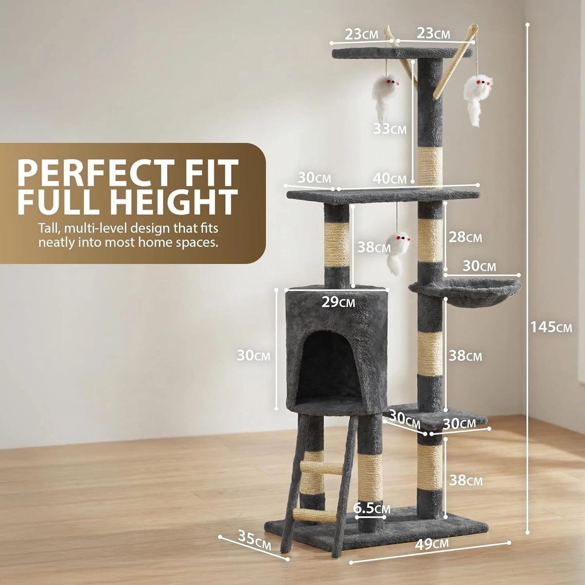 Cat Climbing Tower With Scratching Post (Large) | 145cm Tall Multi-Level with Interactive toy