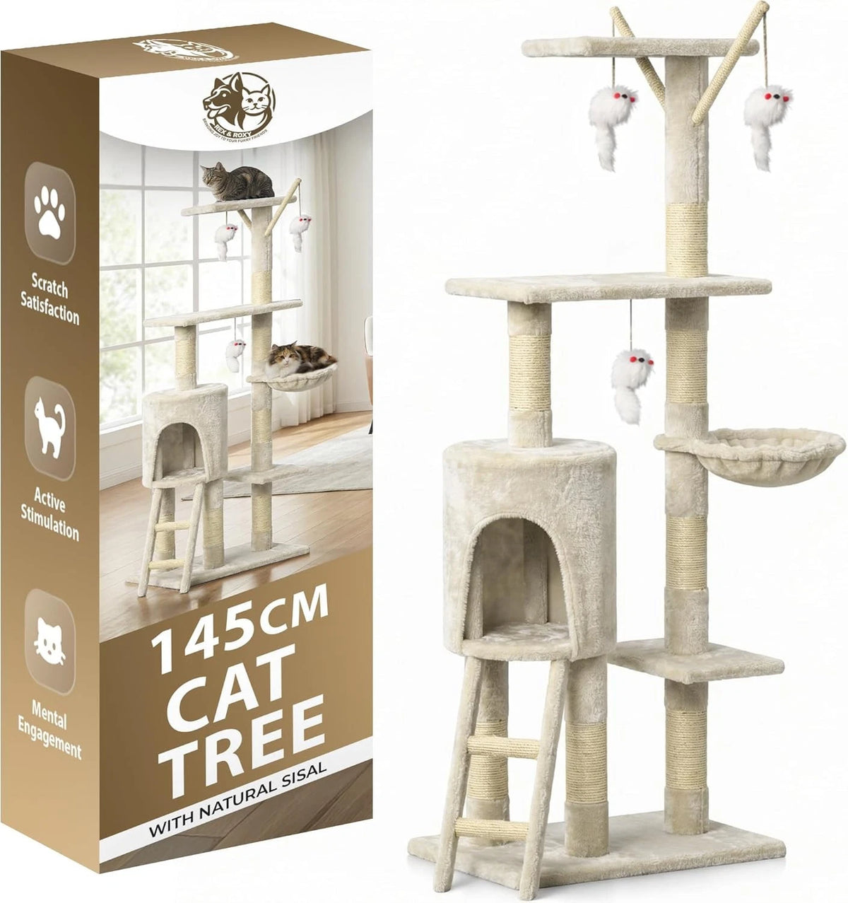 Cat Climbing Tower With Scratching Post (Large) | 145cm Tall Multi-Level with Interactive toy