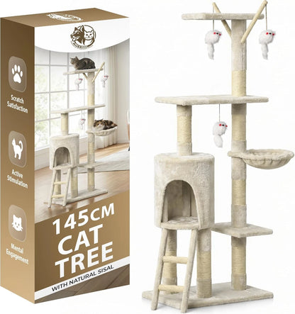Cat Climbing Tower With Scratching Post (Large) | 145cm Tall Multi-Level with Interactive toy