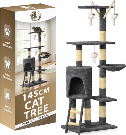 Cat Climbing Tower With Scratching Post (Large) | 145cm Tall Multi-Level with Interactive toy