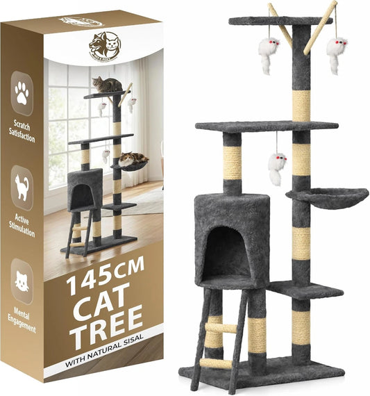 Cat Climbing Tower With Scratching Post (Large) | 145cm Tall Multi-Level with Interactive toy