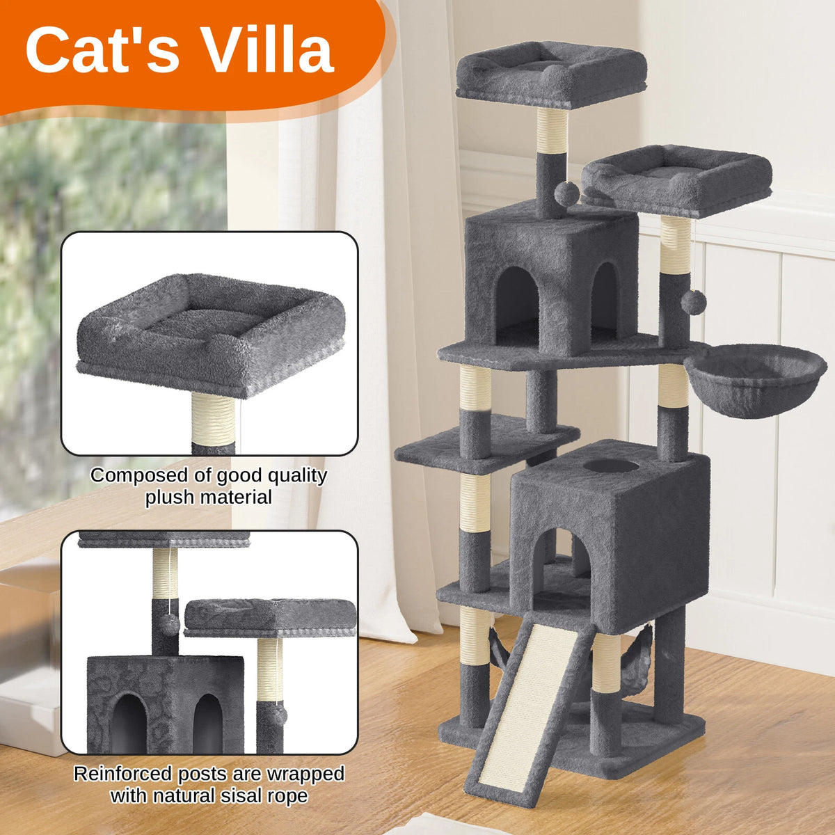 Cat Climbing Tower With Scratching Ramp (Large) | 158cm Tall Multi-Level house with hammock
