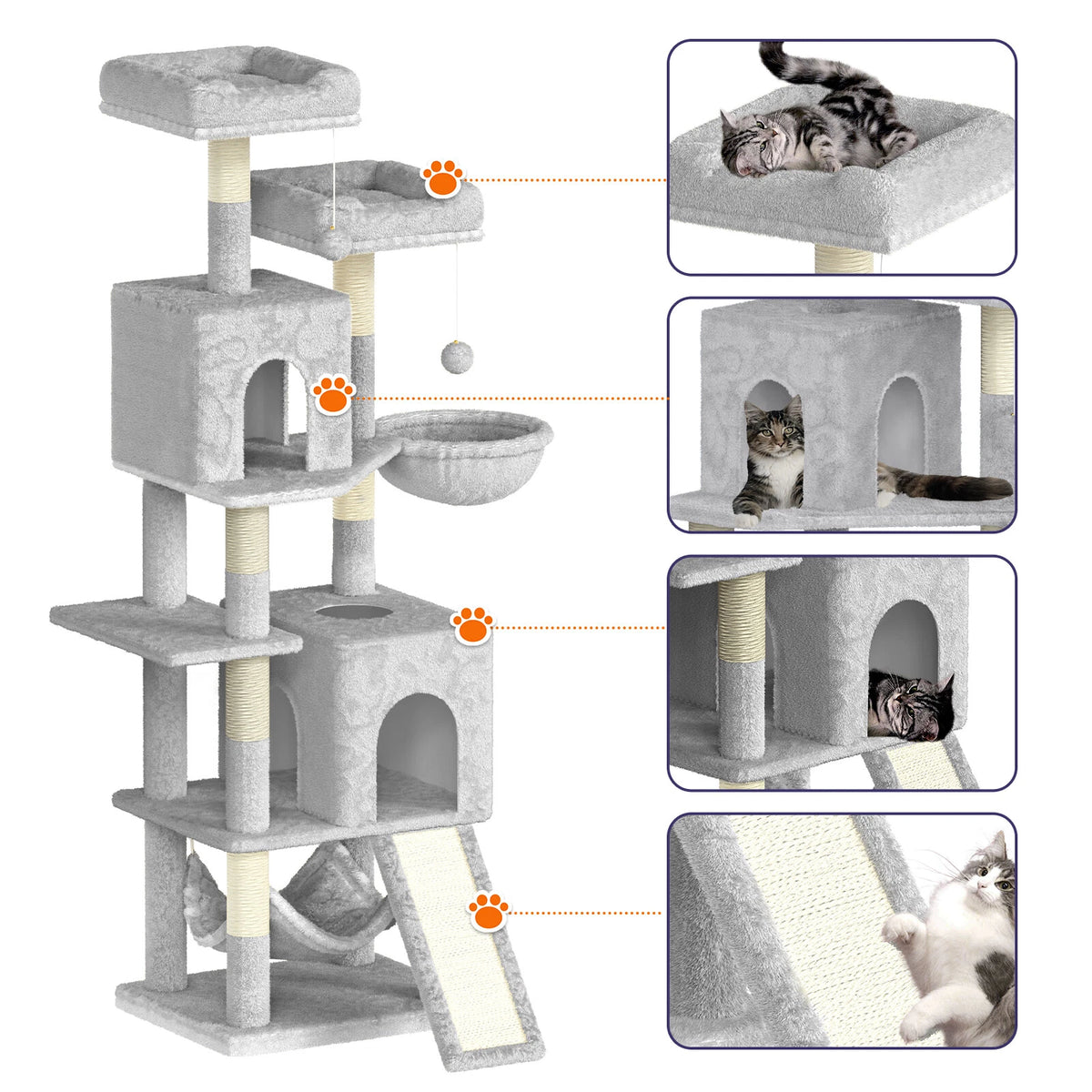 Cat Climbing Tower With Scratching Ramp (Large) | 158cm Tall Multi-Level house with hammock