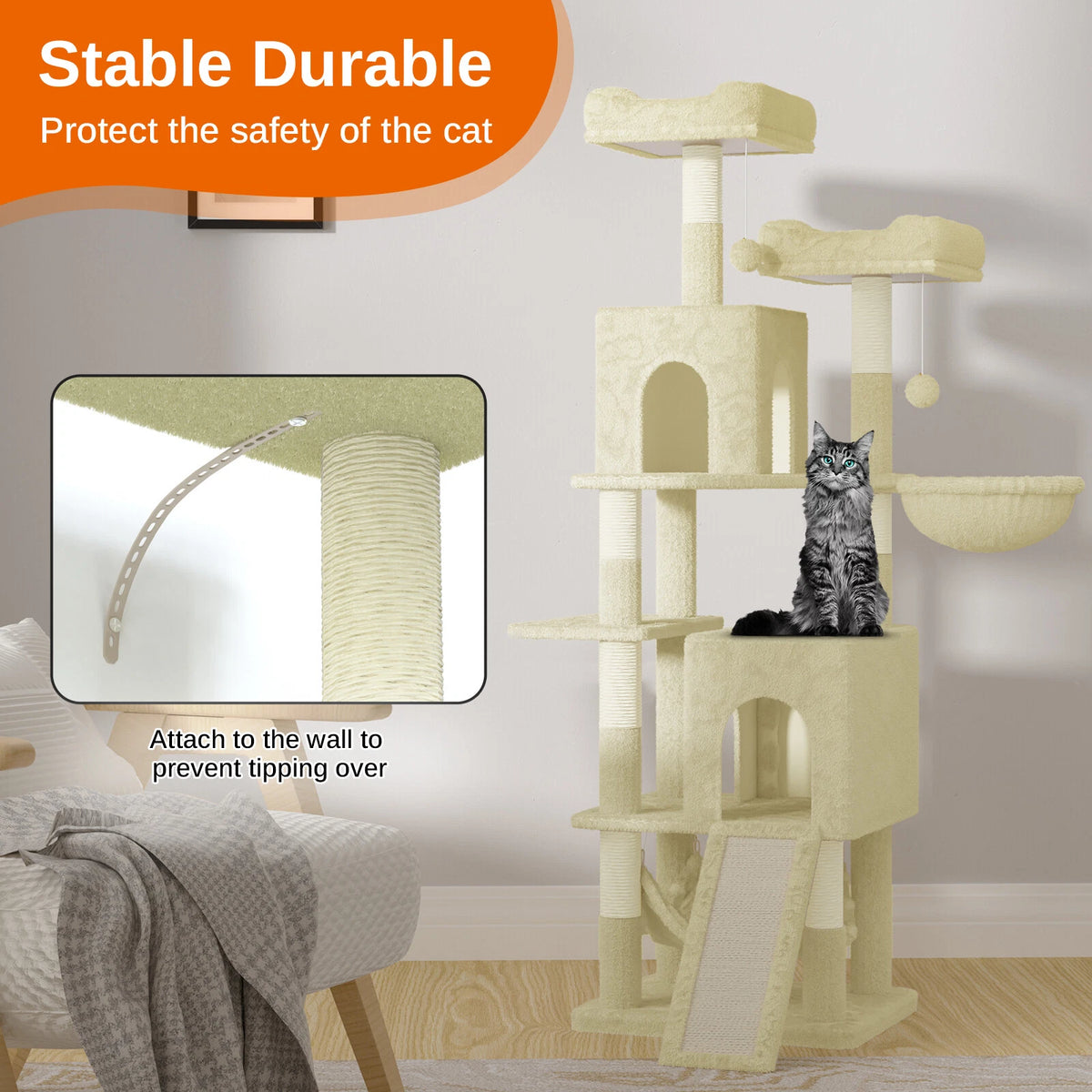 Cat Climbing Tower With Scratching Ramp (Large) | 158cm Tall Multi-Level house with hammock