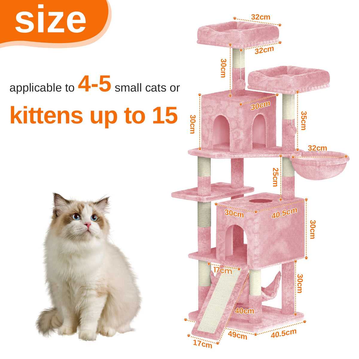 Cat Climbing Tower With Scratching Ramp (Large) | 158cm Tall Multi-Level house with hammock