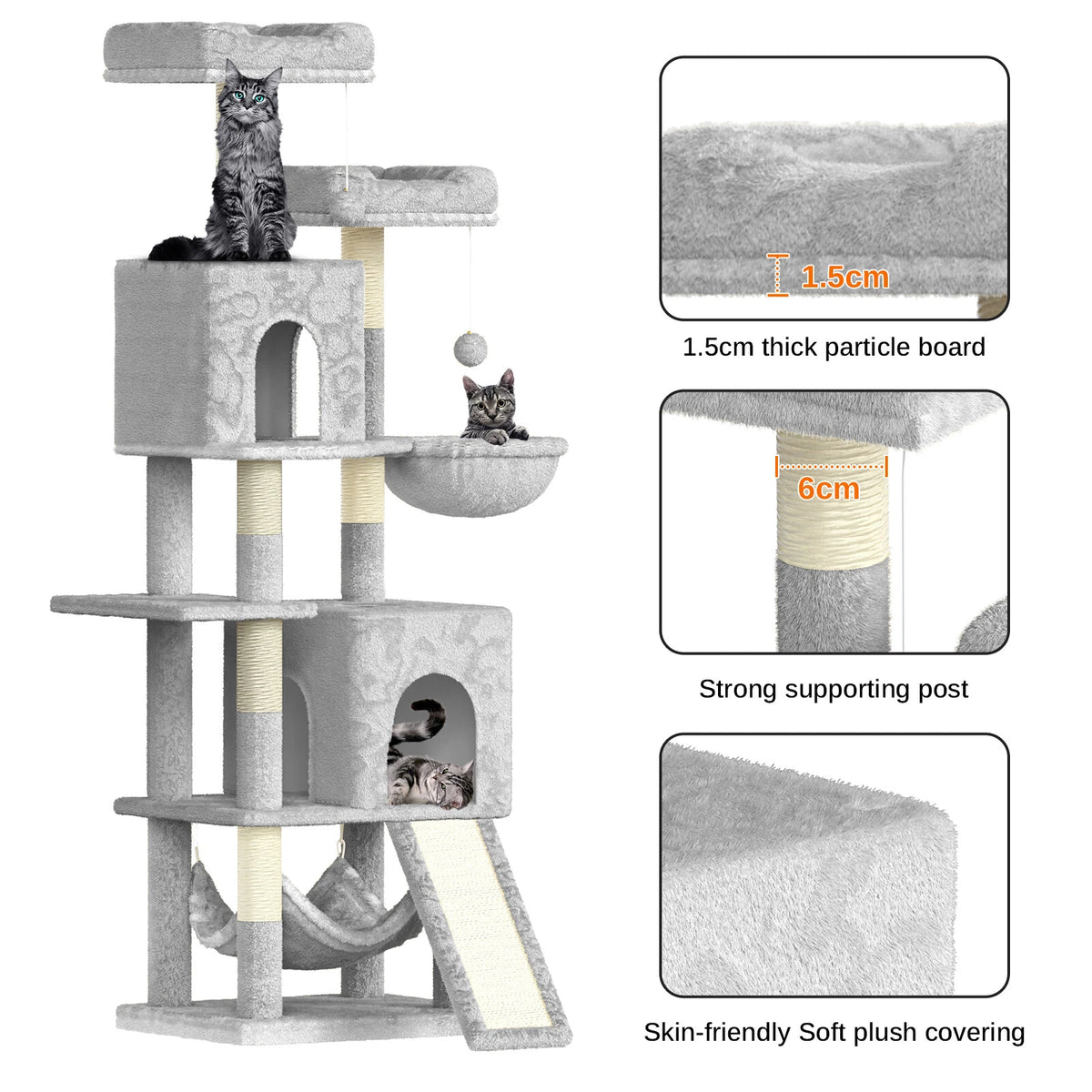 Cat Climbing Tower With Scratching Ramp (Large) | 158cm Tall Multi-Level house with hammock