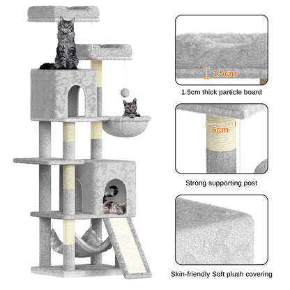 Cat Climbing Tower With Scratching Ramp (Large) | 158cm Tall Multi-Level house with hammock