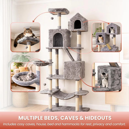 Cat Climbing Tower for Multiple Cats (XL) | 206cm Tall Multi-Level house with hammock