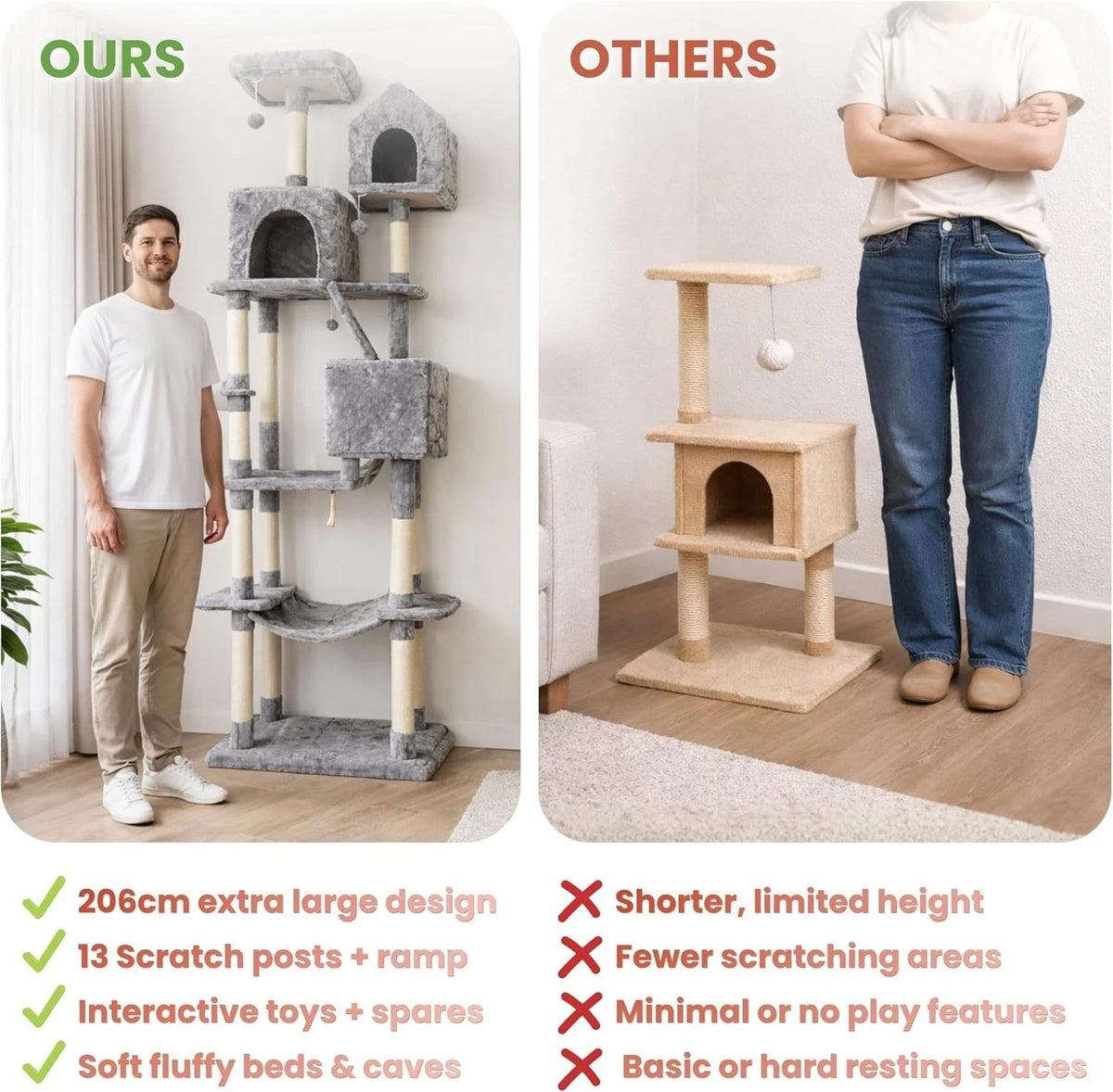 Cat Climbing Tower for Multiple Cats (XL) | 206cm Tall Multi-Level house with hammock