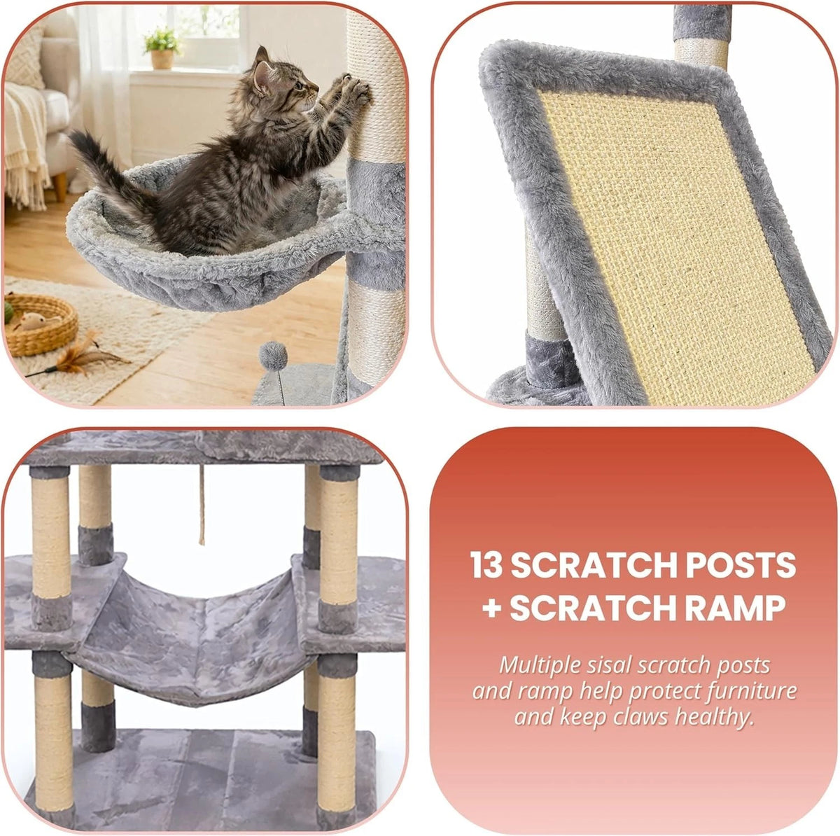 Cat Climbing Tower for Multiple Cats (XL) | 206cm Tall Multi-Level house with hammock