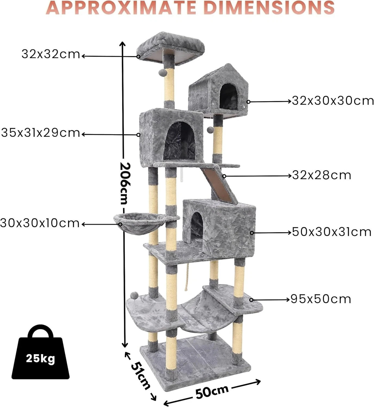 Cat Climbing Tower for Multiple Cats (XL) | 206cm Tall Multi-Level house with hammock