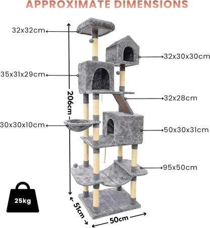 Cat Climbing Tower for Multiple Cats (XL) | 206cm Tall Multi-Level house with hammock