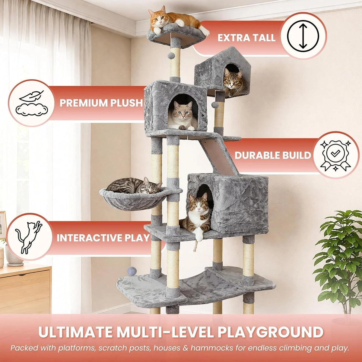 Cat Climbing Tower for Multiple Cats (XL) | 206cm Tall Multi-Level house with hammock