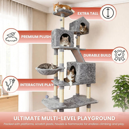 Cat Climbing Tower for Multiple Cats (XL) | 206cm Tall Multi-Level house with hammock