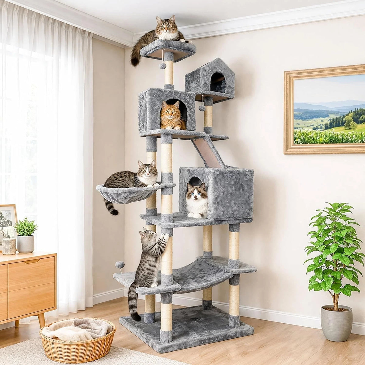 Cat Climbing Tower for Multiple Cats (XL) | 206cm Tall Multi-Level house with hammock