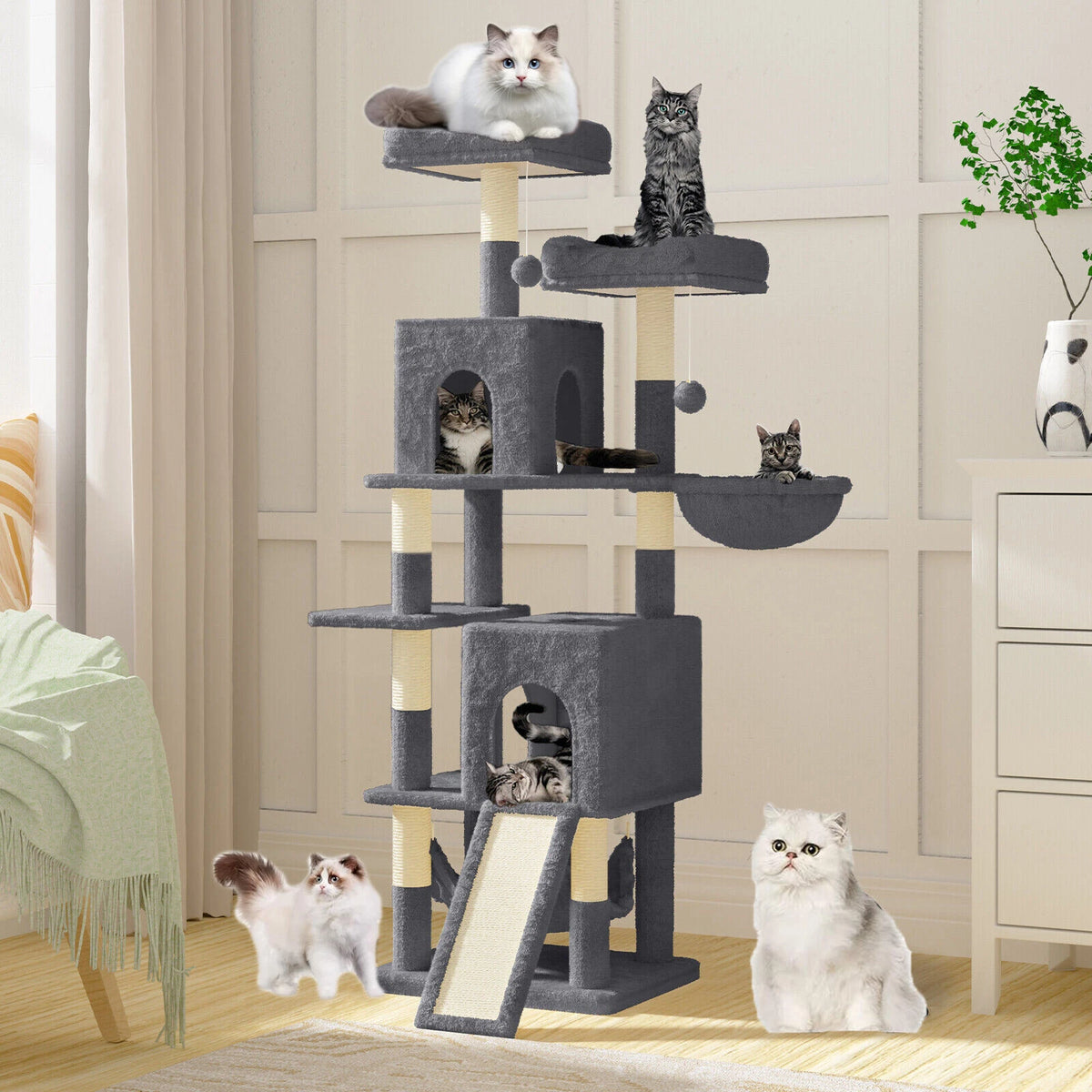 Cat Climbing Tower With Scratching Ramp (Large) | 158cm Tall Multi-Level house with hammock