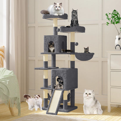 Cat Climbing Tower With Scratching Ramp (Large) | 158cm Tall Multi-Level house with hammock