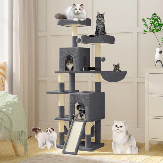 Cat Climbing Tower With Scratching Ramp (Large) | 158cm Tall Multi-Level house with hammock