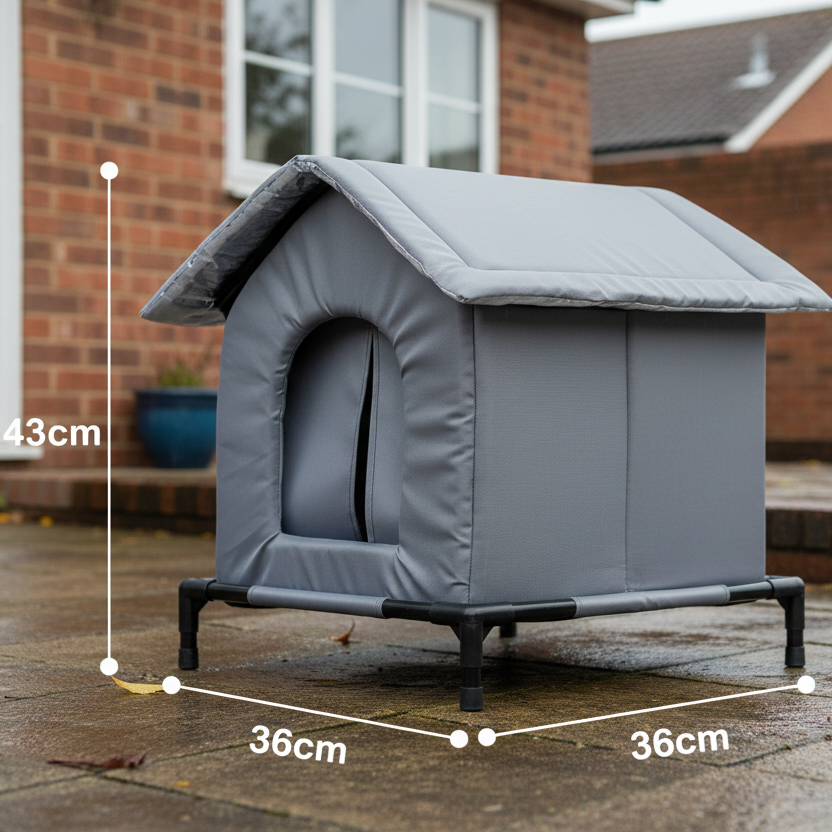 Gray outdoor cat house with measurements on a patio