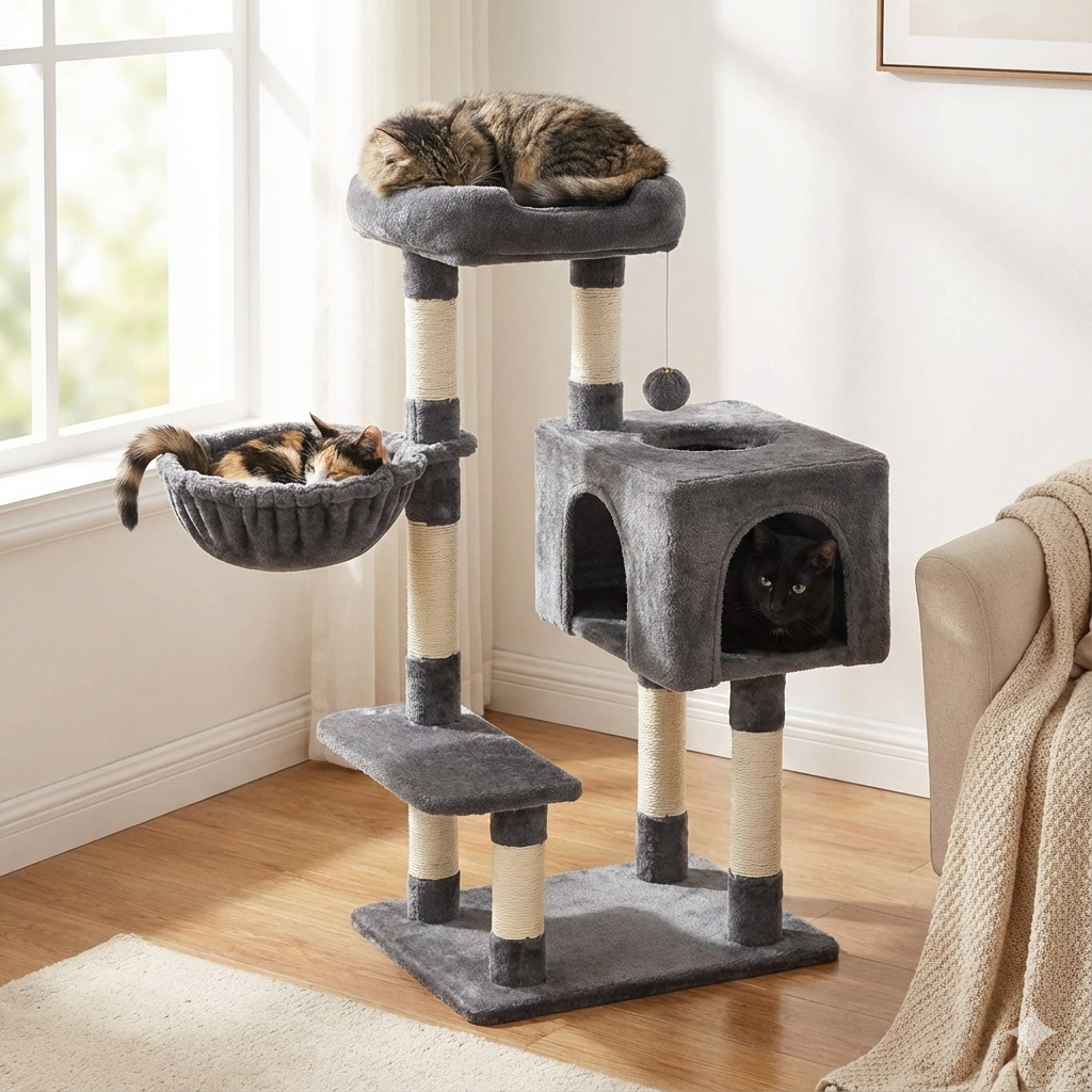 Cat Climbing Tower With Scratching Post (Large) | 100cm Tall Multi-Level with Cozy House