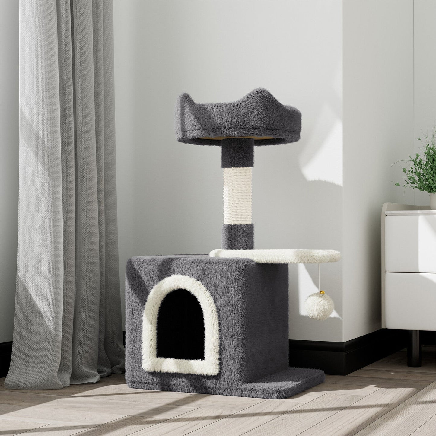 Cat Tree Tower 70cm – Kitten Scratching Post with Climbing Platform, Hanging Toy & Bed Activity Centre