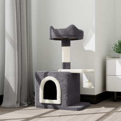 Cat Tree Tower 70cm – Kitten Scratching Post with Climbing Platform, Hanging Toy & Bed Activity Centre