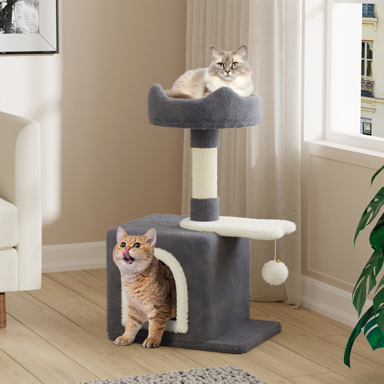 Cat Tree Tower 70cm – Kitten Scratching Post with Climbing Platform, Hanging Toy & Bed Activity Centre