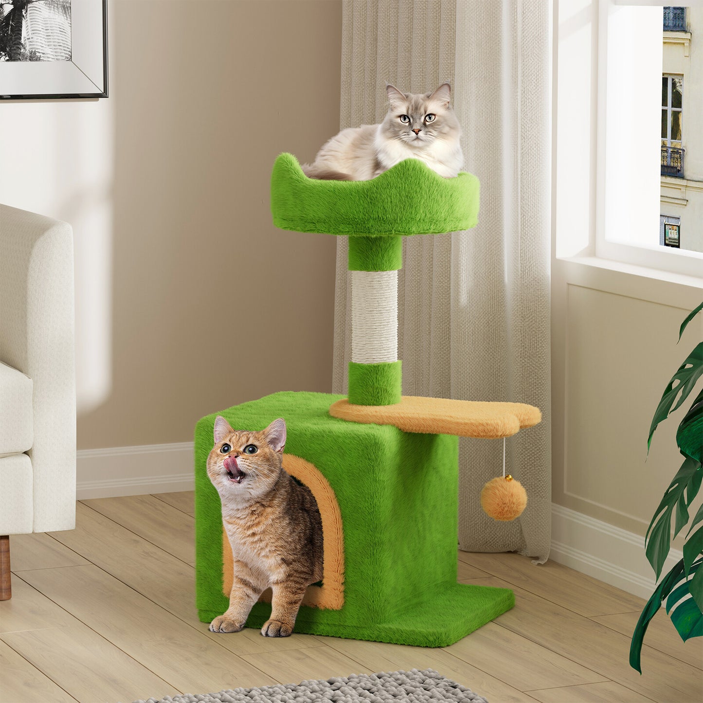 Cat Tree Tower 70cm – Kitten Scratching Post with Climbing Platform, Hanging Toy & Bed Activity Centre