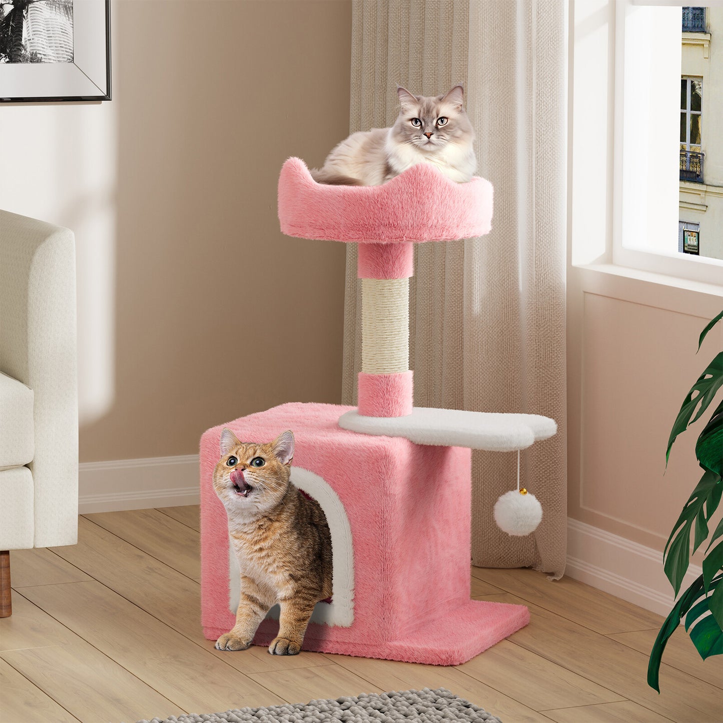 Cat Tree Tower 70cm – Kitten Scratching Post with Climbing Platform, Hanging Toy & Bed Activity Centre