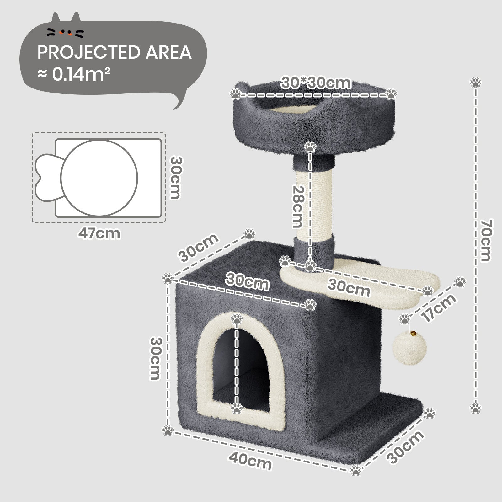 Cat Tree Tower 70cm – Kitten Scratching Post with Climbing Platform, Hanging Toy & Bed Activity Centre