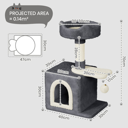 Cat Tree Tower 70cm – Kitten Scratching Post with Climbing Platform, Hanging Toy & Bed Activity Centre