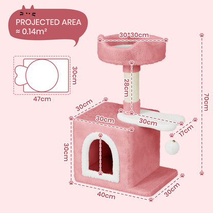 Cat Tree Tower 70cm – Kitten Scratching Post with Climbing Platform, Hanging Toy & Bed Activity Centre