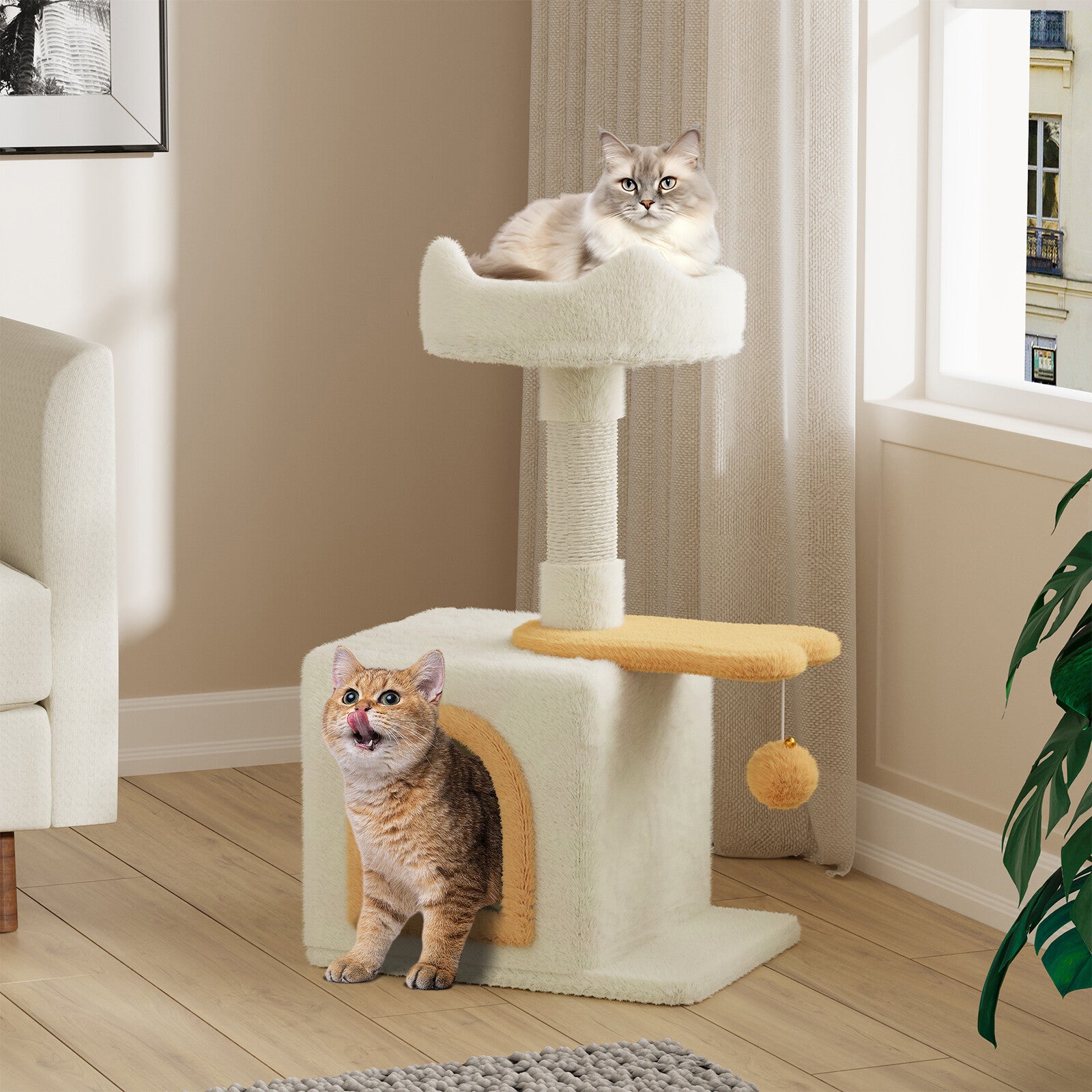 Cat Tree Tower 70cm – Kitten Scratching Post with Climbing Platform, Hanging Toy & Bed Activity Centre