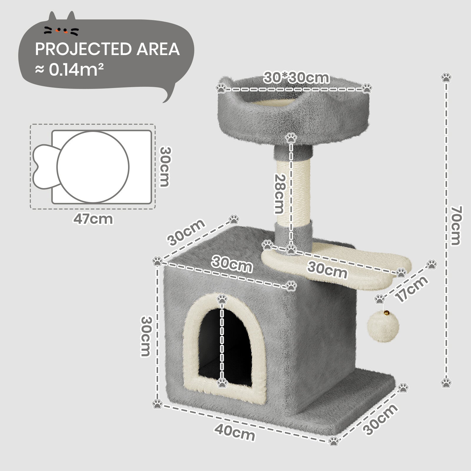 Cat Tree Tower 70cm – Kitten Scratching Post with Climbing Platform, Hanging Toy & Bed Activity Centre