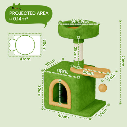 Cat Tree Tower 70cm – Kitten Scratching Post with Climbing Platform, Hanging Toy & Bed Activity Centre
