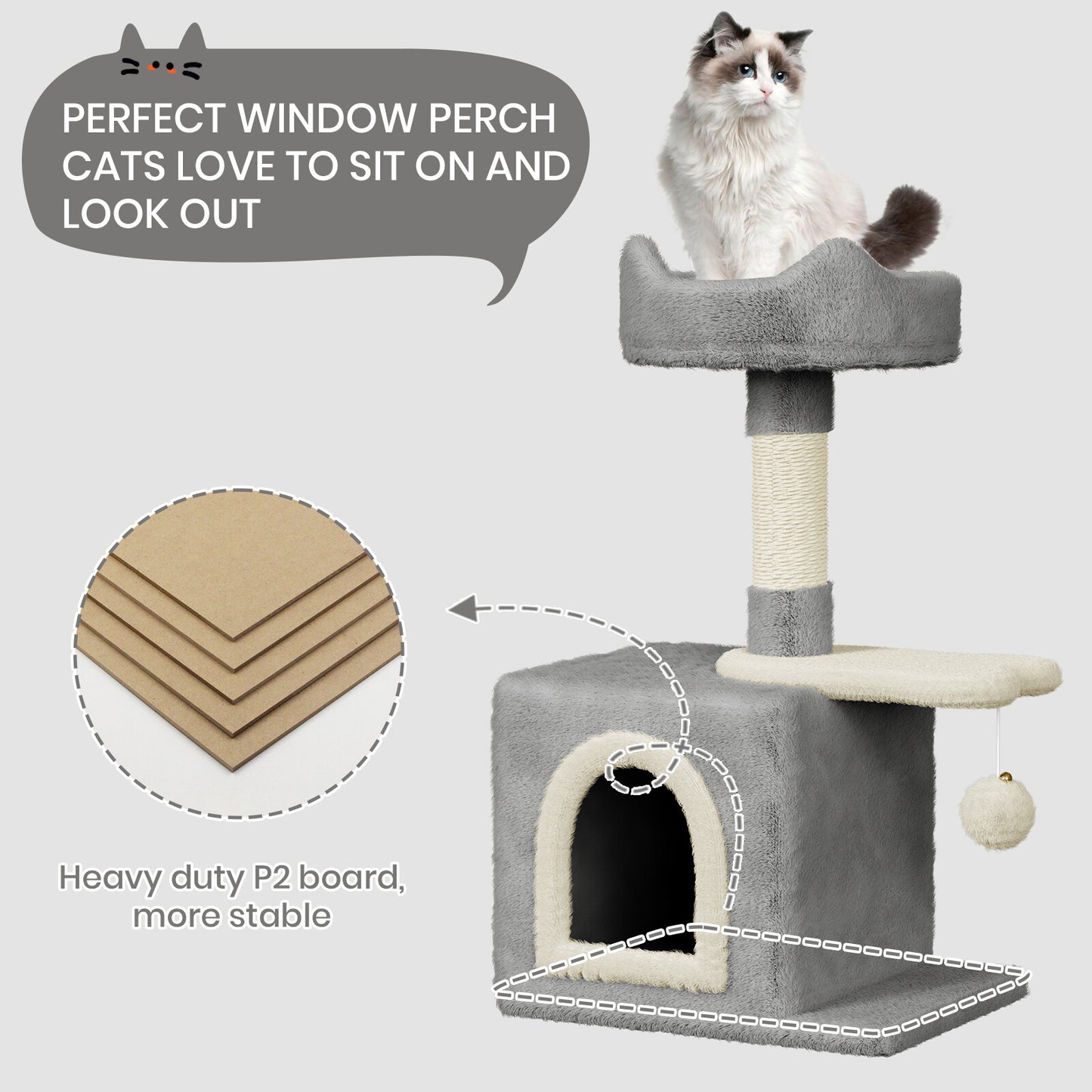 Cat Tree Tower 70cm – Kitten Scratching Post with Climbing Platform, Hanging Toy & Bed Activity Centre