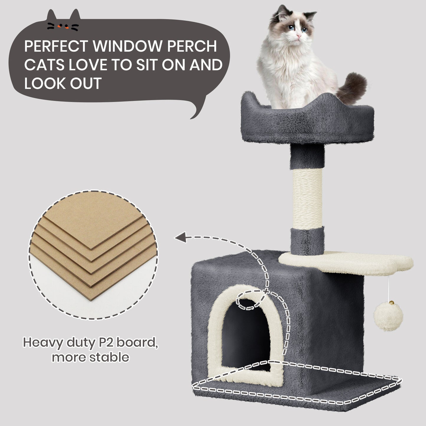 Cat Tree Tower 70cm – Kitten Scratching Post with Climbing Platform, Hanging Toy & Bed Activity Centre