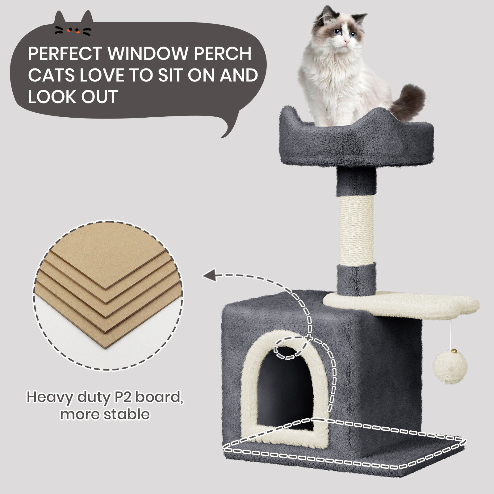 Cat Tree Tower 70cm – Kitten Scratching Post with Climbing Platform, Hanging Toy & Bed Activity Centre
