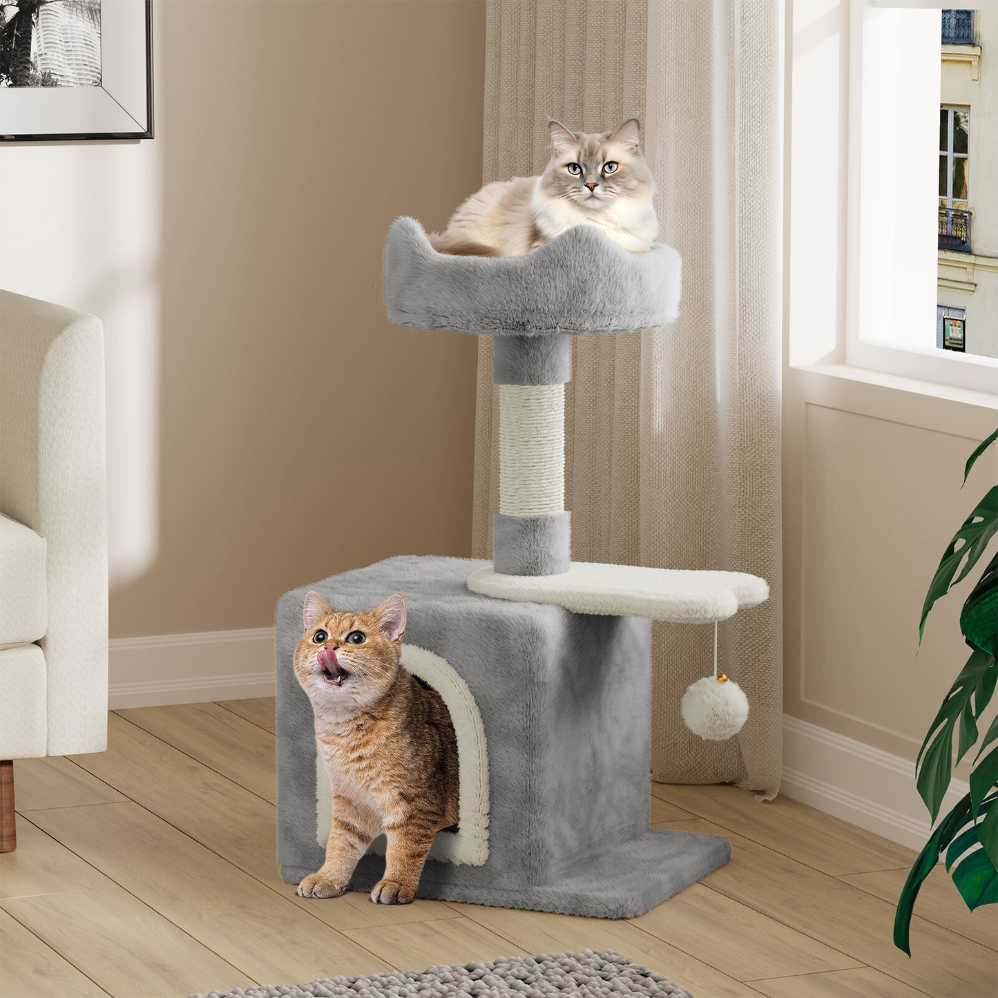 Cat Tree Tower 70cm – Kitten Scratching Post with Climbing Platform, Hanging Toy & Bed Activity Centre