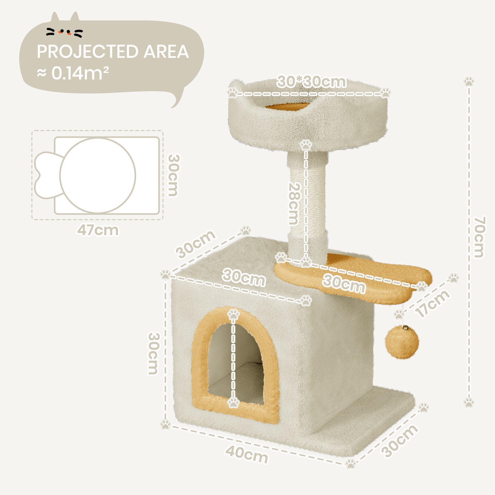 Cat Tree Tower 70cm – Kitten Scratching Post with Climbing Platform, Hanging Toy & Bed Activity Centre