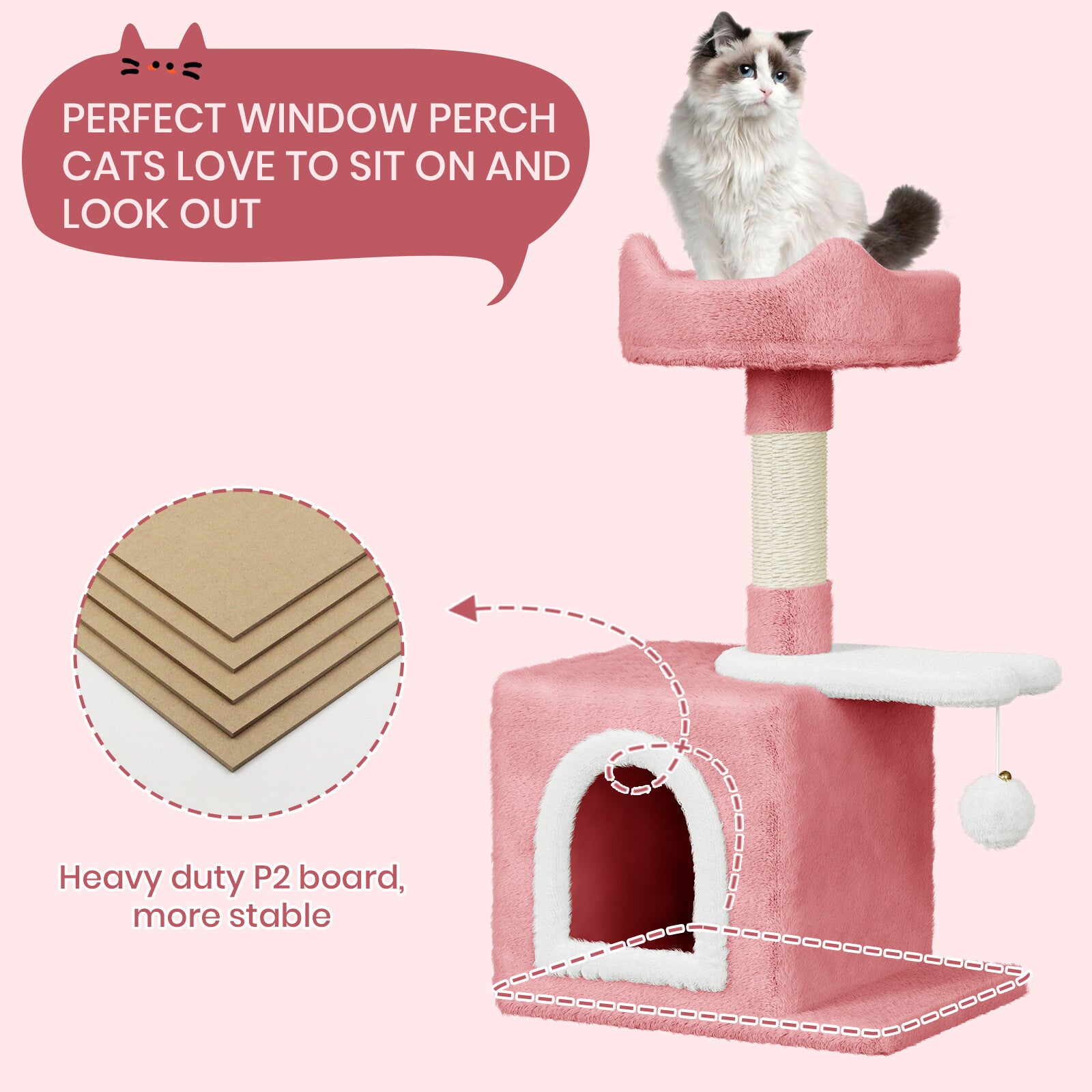 Cat Tree Tower 70cm – Kitten Scratching Post with Climbing Platform, Hanging Toy & Bed Activity Centre